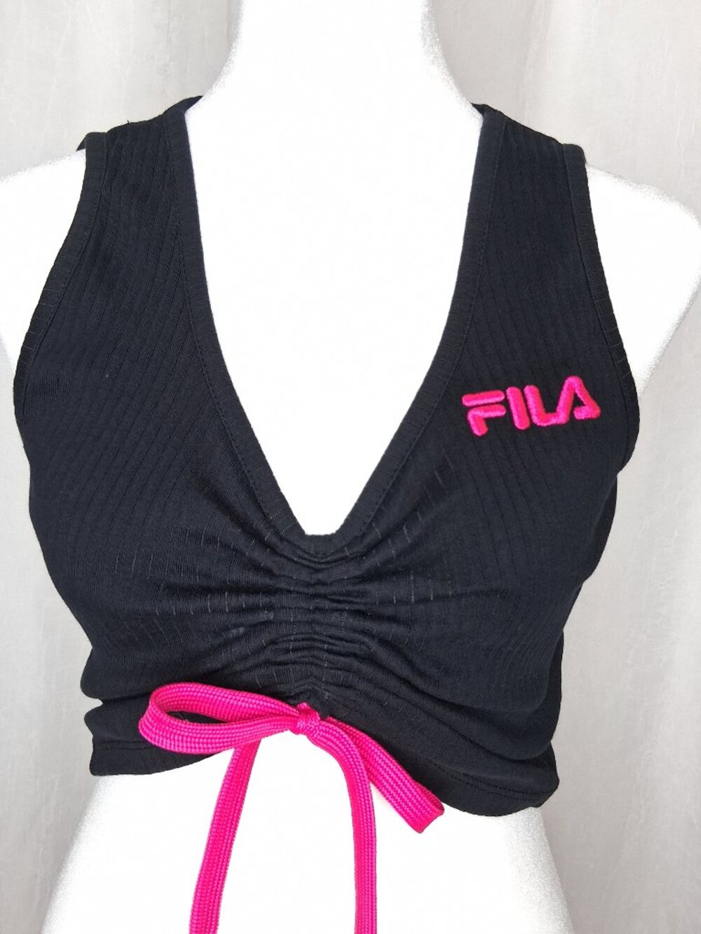 FILA Valentina Black Cropped Tank Pink Drawstring Cinch Top